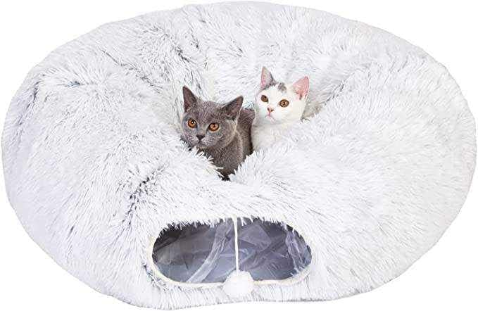 Cat Tunnel Bed - Cat Bed Cave with Collapsible Donut - Comfy Hideaway with Complementary cat Toys for Your Feline Friend