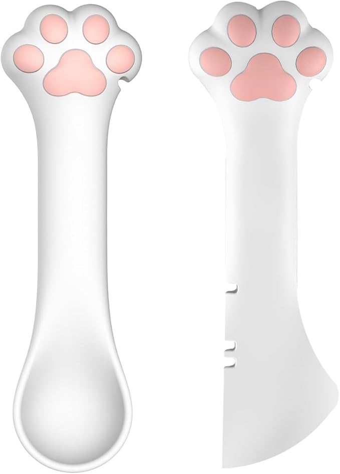 2 Pack Dog Cat Food Spoon Spatula, Cute Paw Pet Can Opener Mixing Spoons for Dog Cat Wet Food, Small Silicone Spatula Cat Treat Spoon Pet Cannd Food Scoop for Dog Cat, White