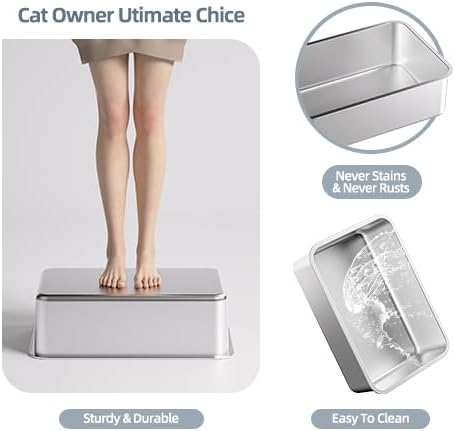Stainless Steel Cat Litter Box with Lid,19.7”L x 13.8”W x 9.9”H Deep,Metal Litter Box with high Sides,with Litter Mat,Litter Scoop and Cat Toys,Non-Sticky,Anti-Leakage,No Smell,Easy Cleaning