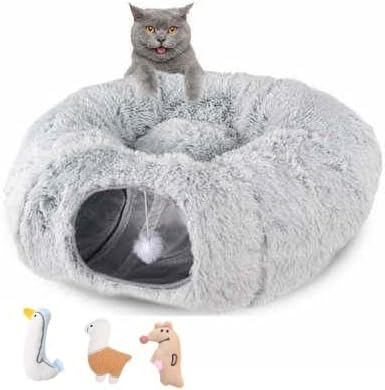 Cat Tunnel Bed - Cat Bed Cave with Collapsible Donut - Comfy Hideaway with Complementary cat Toys for Your Feline Friend