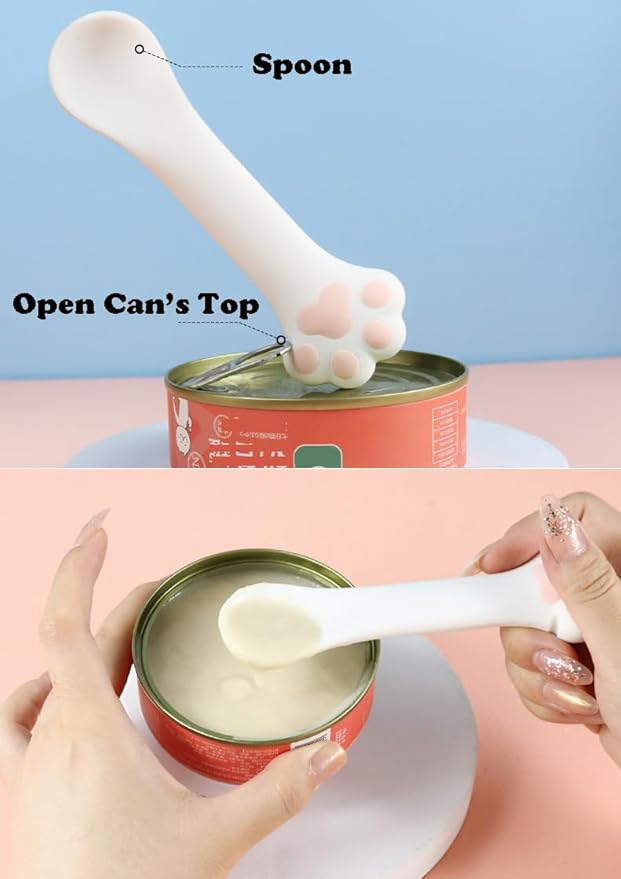 2 Pack Dog Cat Food Spoon Spatula, Cute Paw Pet Can Opener Mixing Spoons for Dog Cat Wet Food, Small Silicone Spatula Cat Treat Spoon Pet Cannd Food Scoop for Dog Cat, White