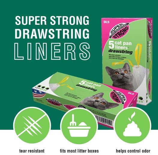 Van Ness Pets Litter Box Liners: Super Strong, Heavy Duty, Tear Resistant Cat Litter Bags, Drawstring Close, Jumbo, 5 Count, 36” x 18”, Style DL5