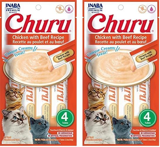 INABA Churu Chicken with Beef Recipe Natural Lickable Wet Treat for Cats (4 Tubes) (Pack of 2)