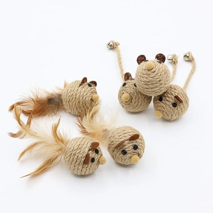 6Pcs Natural Sisal Toys for Cats,Sisal Balls Mice Toys with Rattling Sound for teractive Cat Scratcher Chew Toy with Cute Mouse Toy for Kitten Kicker