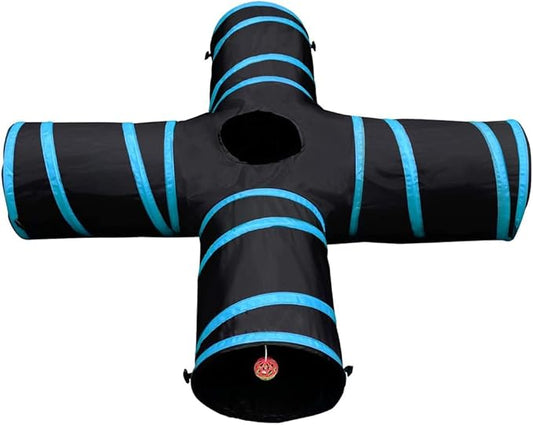 Purrfect Feline - 4 Way Cat Tunnel and Crinkle Cat Toy - Interactive Cat Toy with Cat Ball - Cat Supplies for Indoor Cats - Suitable for Ferrets, Rabbits or Small Dogs - Light Blue - L