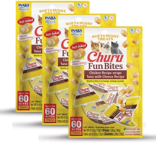 INABA Churu Fun Bites for Cats, Soft & Chewy Baked Chicken Wrapped Filled Cat Treats with Taurine, 0.42 Ounces Each Tetra, 9 Tetras (3 per Bag), Chicken Recipe Wraps Tuna with Cheese Recipe