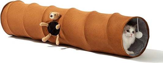 HIPIPET Straight Cat Tunnels for Indoor Cats,Collapsible Cat Tunnel for Small Medium Large Cats with Cat Toy Ball,Cute Bear. (Brown)