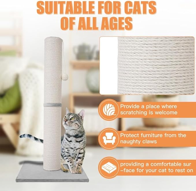 MumMarmot's Cat Scratching Post with Premium Sisal Rope 3.25Inch Large Diameter Scratcher Post for Indoor Cats Beige(25 inch)