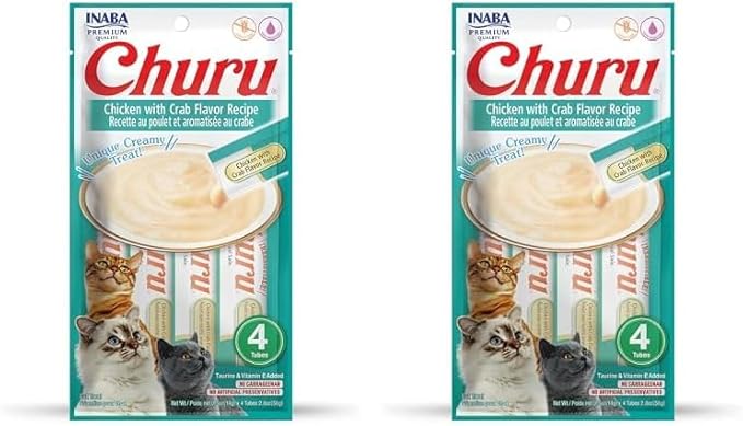 INABA Churu Cat Treats, Grain-Free, Lickable, Squeezable Creamy Purée Cat Treat/Topper with Vitamin E & Taurine, 0.5 Ounces Each Tube, 4 Tubes, Chicken with Crab Recipe (Pack of 2)
