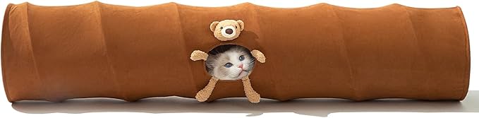 HIPIPET Straight Cat Tunnels for Indoor Cats,Collapsible Cat Tunnel for Small Medium Large Cats with Cat Toy Ball,Cute Bear. (Brown)