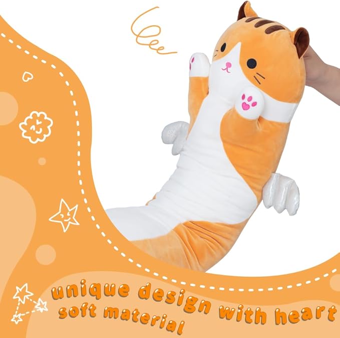 Long Plush Toy Cat Pillow Cute Plush Cat Toy Doll Stuffed Animal Cat Hugging Pillow for Sleeping Gift for Kids and Girls(Yellow,90cm/35.4in)