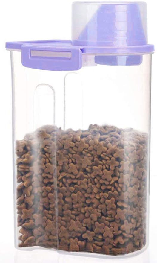 Pet Food Storage Container with Measuring Cup, Pour Spout and Seal Buckles Food Dispenser for Dogs Cats (Purple)
