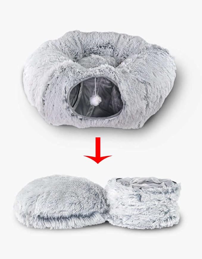 Cat Tunnel Bed - Cat Bed Cave with Collapsible Donut - Comfy Hideaway with Complementary cat Toys for Your Feline Friend