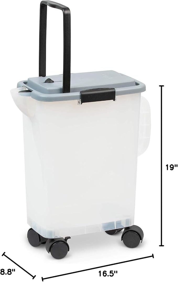 PetFusion BetterBin Portable Litter Storage Container (16.5 x 11.7 x 19) | Holds up to 25 lbs/10 Gallons, Great for Dry Dog and Cat Food | Adjustable Spout, Back & Top Handles, Heavy Duty Wheels