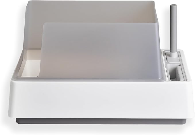 Cove Litter Box, High Sided Open Top Designer Litter Box for Large Cats, Built-in Scoop, Brush & Dustpan, Anti-Stick Plastic, Privacy Walls - White/Gray