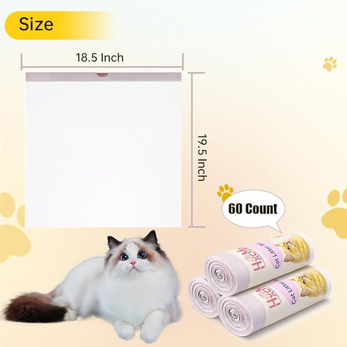 60 Count Self-Cleaning Cat Litter Box Liners, Fit for MW-SCO1/MW-SC02/MW-LR01, Heavy Duty Drawstring Waste Bags, 20 Pounds Capacity (19" x 18")