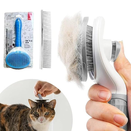 Cat Brush for Shedding Dog Brush with Release Button Hair Comb, Cat Grooming Slicker Brushes Kit, Self Cleaning for Dog Pet, Cat Fur Brush for Long or Short Haired Cats Kitten Pets (Grey)