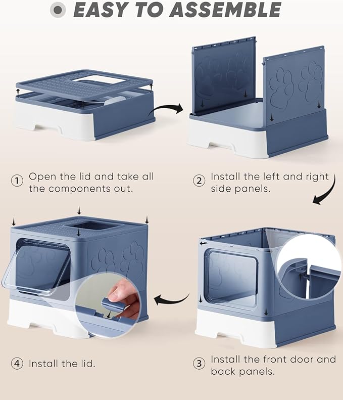 Enclosed Litter Box with Lid, X-Large Foldable Cat Litter Box, Covered Kitty Litter Box, Two-Way Entry and Exit Cat Box with Scoop, Odor Control, Easy to Clean(Blue)