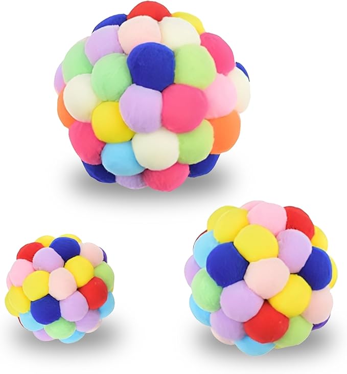 Vila Fuzzy Balls with Bells for Cats, Chewing and Enrichment Tool, Multi-Color Soft Plush, Small (2”), Medium (2.5”), Large (3”), 3 Pieces Per Pack
