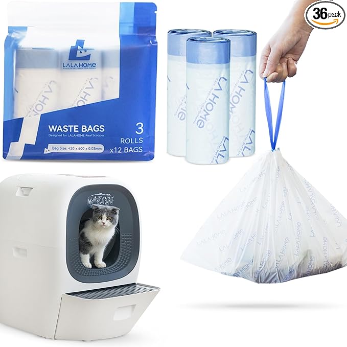 Self-Cleaning Litter Box Liner Bags Automatic Cat Litter Box Refill Bag Compatible with RealScooper, 36 Count Drawstring Replaced Trash Bag Waste Bag for Automatic Litter Box