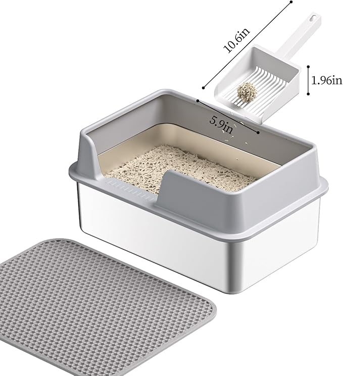 Stainless Steel Cat Litter Box with Lid,19.7”L x 13.8”W x 9.9”H Deep,Metal Litter Box with high Sides,with Litter Mat,Litter Scoop and Cat Toys,Non-Sticky,Anti-Leakage,No Smell,Easy Cleaning