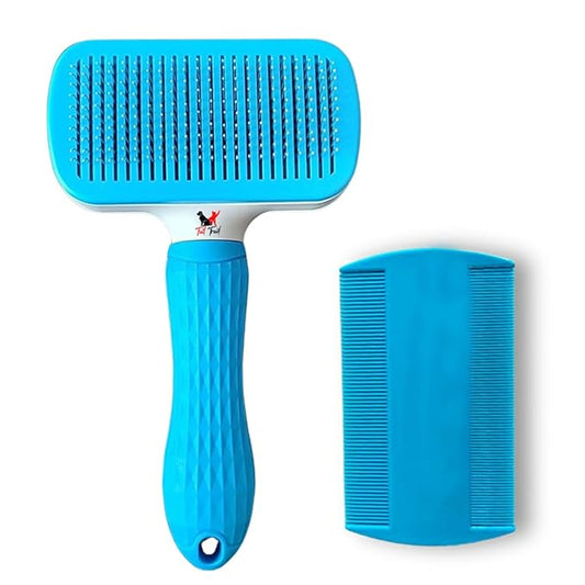 TAILTRAIL Dog Brush, Cat Brush&Comb, Pet Brush for Long and Short Hair, Pet Grooming Brush, Self-cleaning Slicker Brush Clean Pet Hair from Brush with One Button, Blue (FREE COMB GIFT)