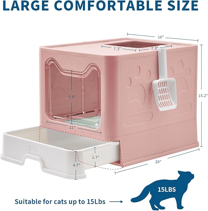 Cat Litter Box with Litter Mat and Scoop, Large Foldable Litter Box with Lid, Front Entry Top Exit Kitty Litter Box, Odor Control Easy Clean (Pink)