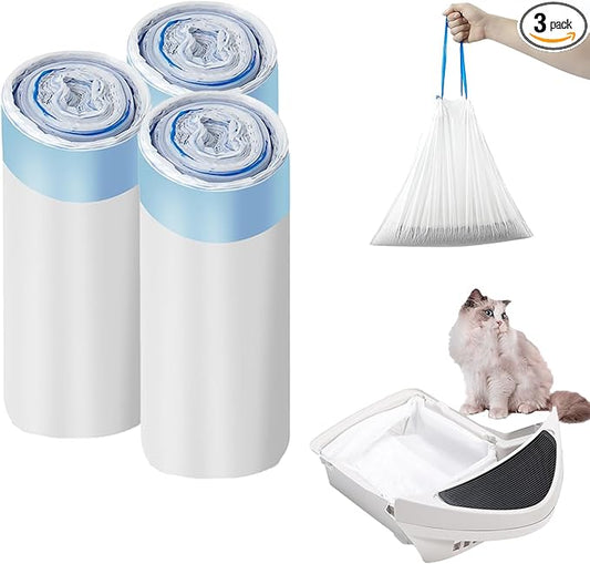 Cat Litter Bags with Drawstring 60 Count, 25.19" x 15.74" Extra Large Cat Litter Box Liners, 10-12 Gallons of Capacity Receptacles Heavy Duty Waste Bags for Litter Box Robot 3/4 Waste Drawer Liners