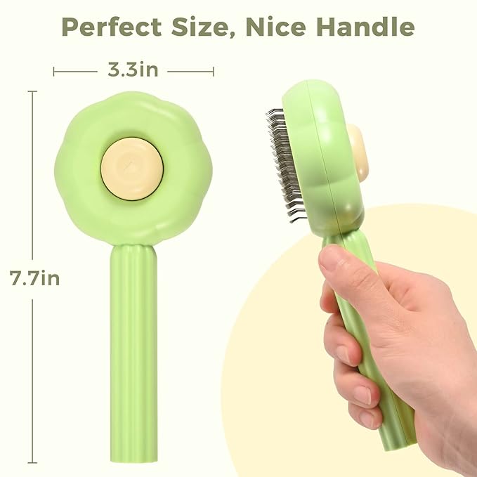 Sunflower Cat Brush for Shedding, Self Cleaning Cat Hair Brush, Pet Grooming Brush with Release Button for Short and Long Haired Cats Dogs (Green)