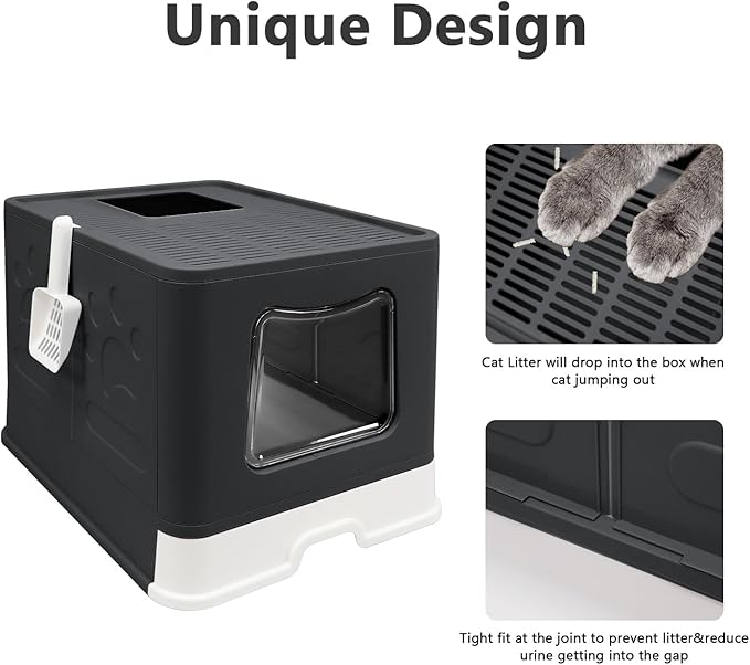 Foldable Cat Litter Box with Lid, Jumbo Enclosed Cat Potty, Top Entry Anti-Splashing Cat Toilet, Easy to Clean Including Cat Litter Scoop and 2-1 Cleaning Brush (Black) Extra Large
