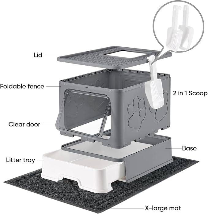 Cat Litter Box with X-Large Litter Mat and Scoop, Large Foldable Litter Box with Lid, Front Top Entry Exit Kitty Litter Box, Odor Control Easy Clean (Upgrade Dark Grey)