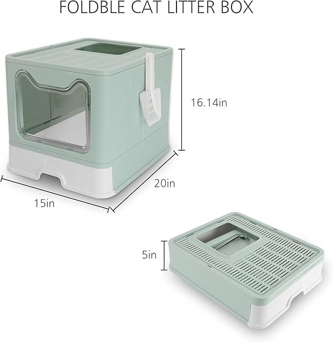ROCCS Foldable Cat Litter Box with Lid,No Smell Large Top Entry Litter Box with Cat Litter Scoop,Covered Drawer Type Kitty Potty,Including Fur Brush & Cleaning Glove,Blue 20" x 16" x 15"