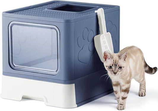 Enclosed Litter Box with Lid, X-Large Foldable Cat Litter Box, Covered Kitty Litter Box, Two-Way Entry and Exit Cat Box with Scoop, Odor Control, Easy to Clean(Blue)