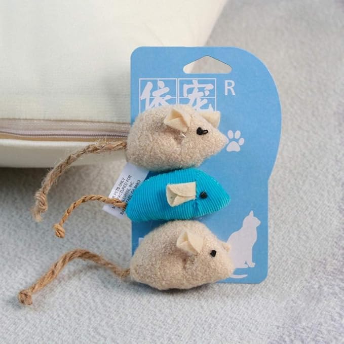 3Pcs Blue Khaki Pets Interactive Playing Toys, 3Pcs Plush Simulation Rat Mouse Scratch Bite Chewing Toy for Pet Cat Kitten, Cat Mice and Animals Toys