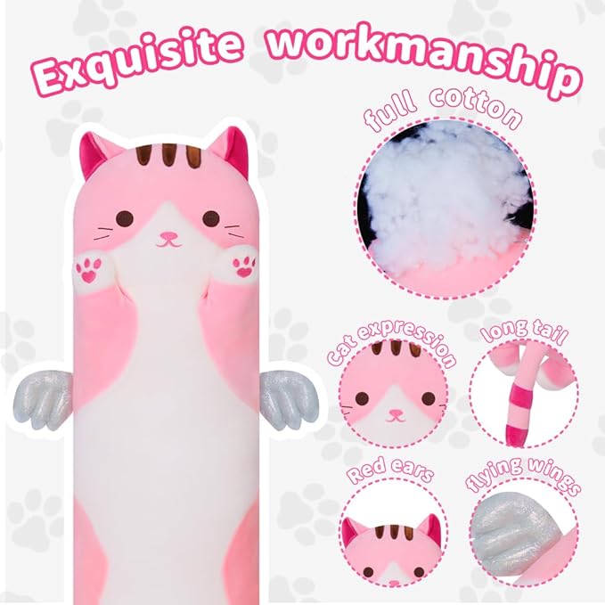 Long Plush Toy Cat Pillow Cute Plush Cat Toy Doll Stuffed Animal Cat Hugging Pillow for Sleeping Gift for Kids and Girls(Pink,110cm/43.3in)