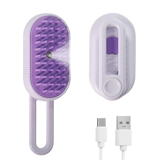3-in-1 Cat Steam Brush for Shedding, Rechargeable Cat Brush with Gentle Mist, Pet Hair Steam Brush for Cats and Dogs, Spritz Defur Comb for Cats (Purple)
