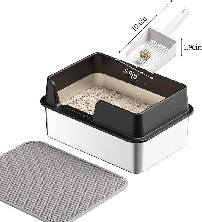 Stainless Steel Cat Litter Box with Lid,19.7”L x 13.8”W x 9.9”H Deep,Metal Litter Box with high Sides,with Litter Mat,Litter Scoop and Cat Toys,Non-Sticky,Anti-Leakage,No Smell,Easy Cleaning