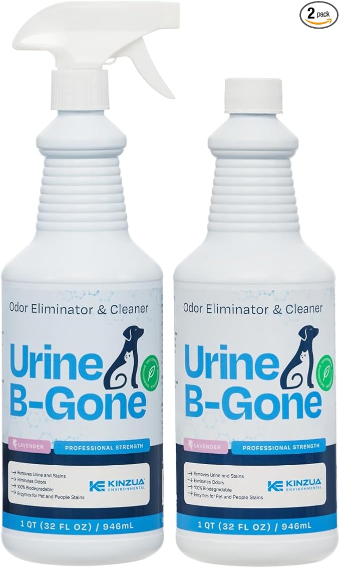 KINZUA ENVIRONMENTAL Urine B-Gone, Professional Enzyme Odor Eliminator & Pet Stain Remover, Human, Cat & Dog Urine Cleaner, Effective on Laundry, Carpets & More, Lavender Scent, 32oz, Pack of Two