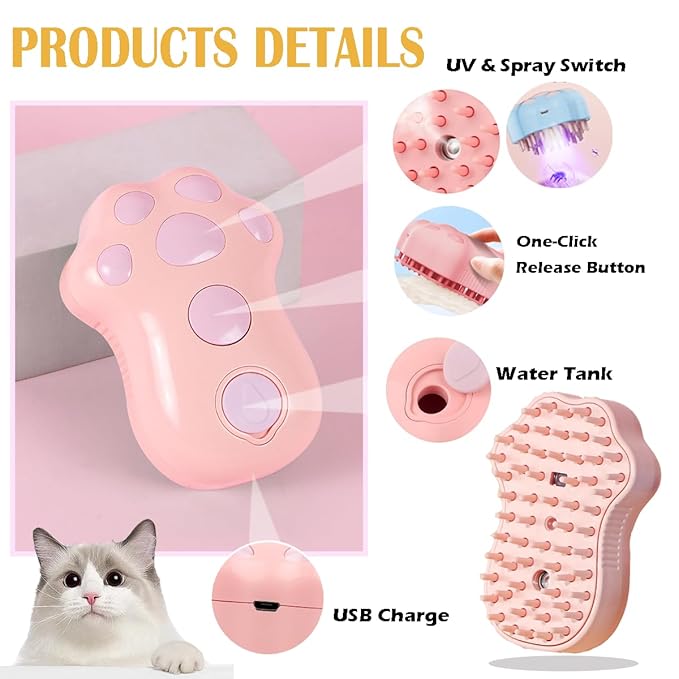 Cat Steam Brush,4 in 1 Spray Cat Brush, Pets Grooming Brush for Shedding, Portable Pet Hair Removal Tool For Cats and Dogs, Pets Steamy Brush,Pink