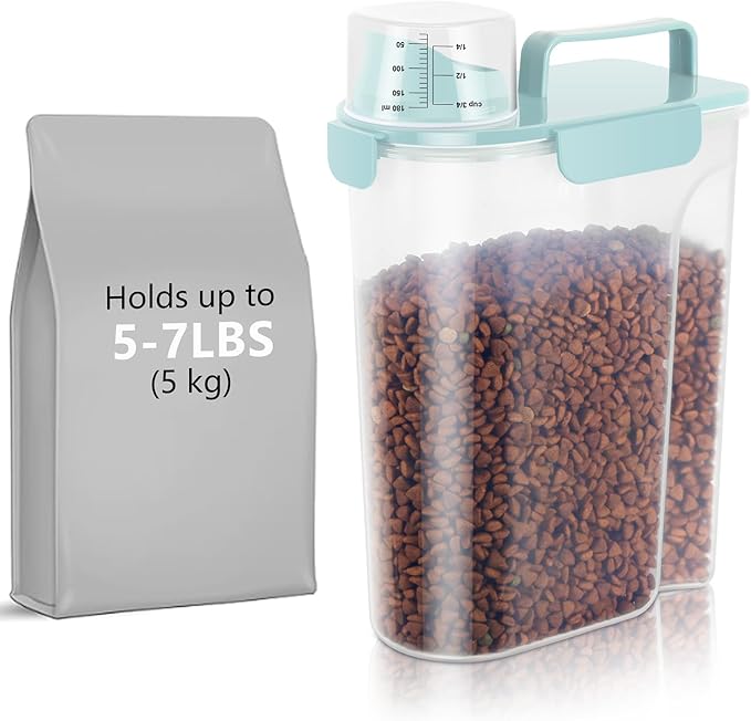 5-7Lbs Airtight Cat Dog Food Storage Container Portable with Upgraded Large Spout and Cup,Plastic Pet Dispenser for Small Animal Kibble,Bird Seed,Oatmeal,Rice,flour,brown sugart-Sky Blue