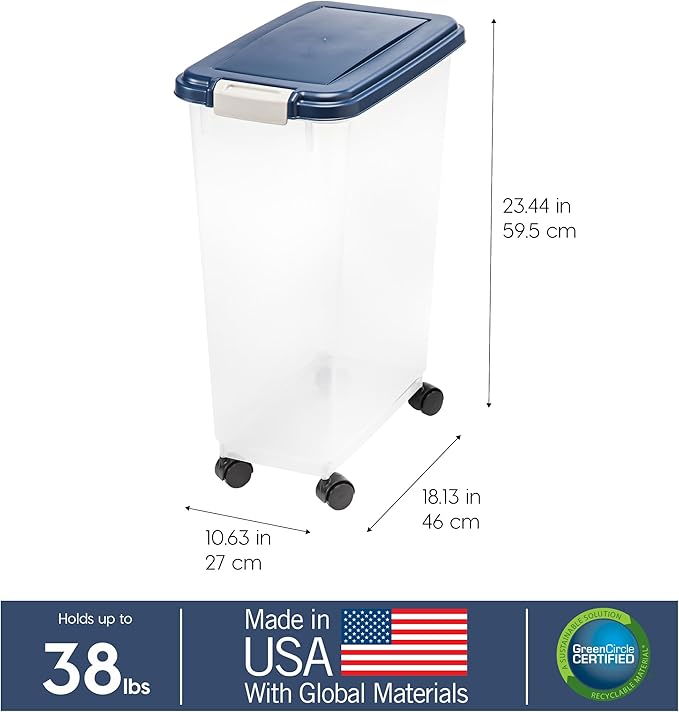 IRIS USA Airtight Dog Food Storage Container, Up to 38 lbs, Attachable Wheels, For Dog Cat Bird and Other Pet Food Storage Bin, Keep Fresh, Translucent Body, Easy Mobility, Navy