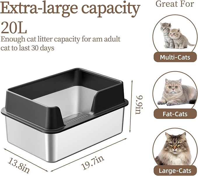 Stainless Steel Cat Litter Box with Lid,19.7”L x 13.8”W x 9.9”H Deep,Metal Litter Box with high Sides,with Litter Mat,Litter Scoop and Cat Toys,Non-Sticky,Anti-Leakage,No Smell,Easy Cleaning