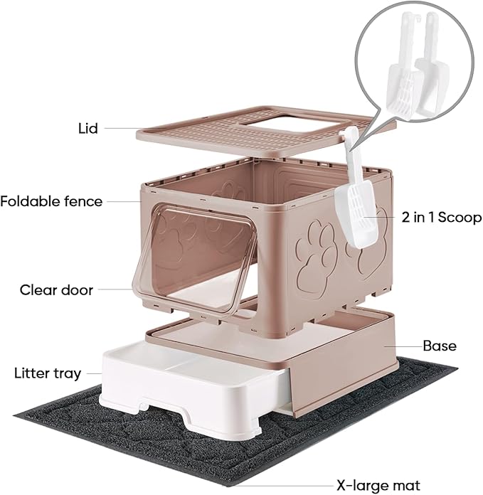 Cat Litter Box with X-Large Litter Mat and Scoop, Large Foldable Litter Box with Lid, Front Top Entry Exit Kitty Litter Box, Odor Control Easy Clean (Upgrade Coffee)
