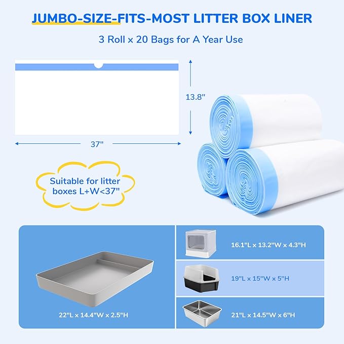 60 Count Drawstring Litter Box Liners for Scoopfree Cat Litter Tray Pan Refills, 37'' W x 13.8'' H, Durable Pet Kitten Replacement Waste Bags for Stainless Enclosure Closed Litter Box