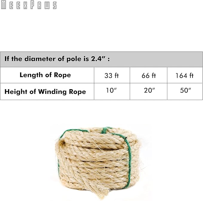 MEEXPAWS Natural Strong Sisal Rope Replacement for Cat Scratching Posts | Adhesive Tapes for Winding Easy & Tight | 1/4 “ Diameter | Brown | 164FT
