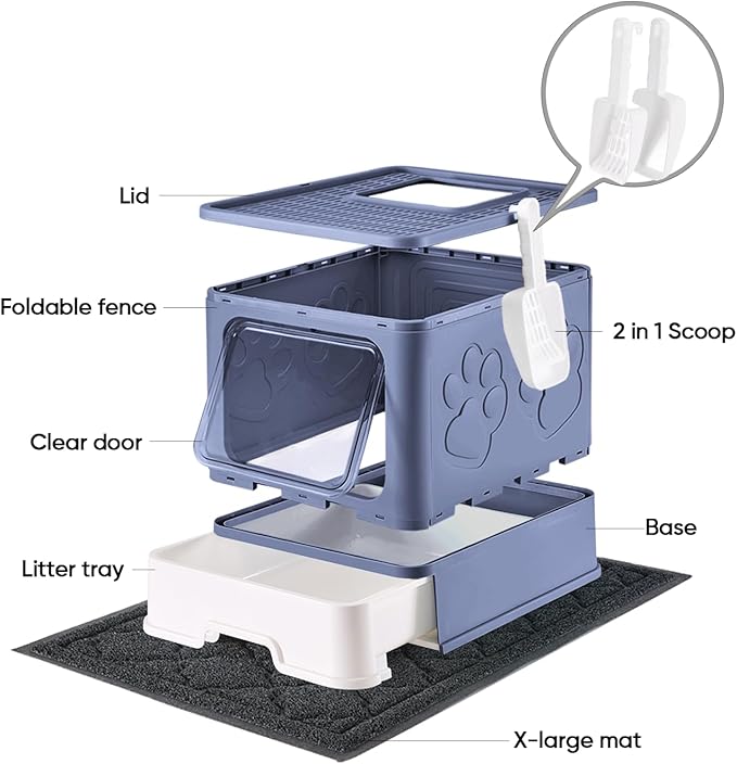 Cat Litter Box with X-Large Litter Mat and Scoop, Large Foldable Litter Box with Lid, Front Top Entry Exit Kitty Litter Box, Odor Control Easy Clean (Upgrade Midnight)