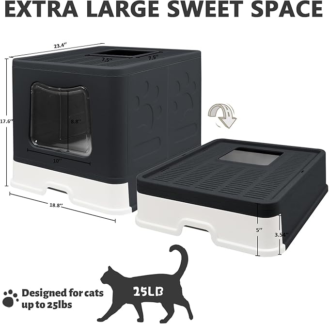 Foldable Cat Litter Box with Lid, Jumbo Enclosed Cat Potty, Top Entry Anti-Splashing Cat Toilet, Easy to Clean Including Cat Litter Scoop and 2-1 Cleaning Brush (Black) Extra Large