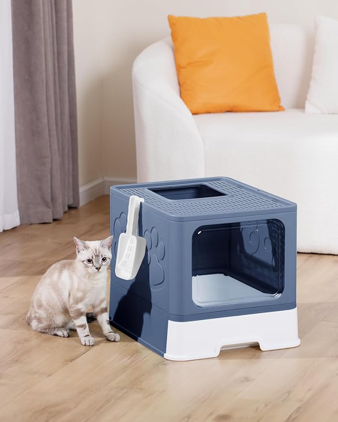 Enclosed Litter Box with Lid, X-Large Foldable Cat Litter Box, Covered Kitty Litter Box, Two-Way Entry and Exit Cat Box with Scoop, Odor Control, Easy to Clean(Blue)