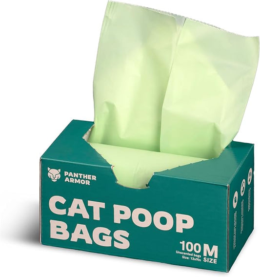 Panther Armor Cat Litter Bags for Poop - 100x Unscented Pet Waste Bags, 13x9in Leak Proof Kitty Litter Bags - Odor Proof, Easy Open Dispenser Box of Cat Poop Bags
