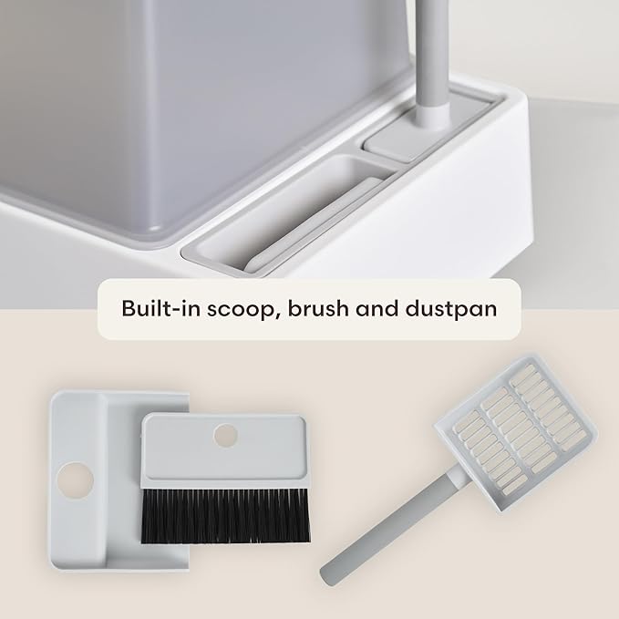 Cove Litter Box, High Sided Open Top Designer Litter Box for Large Cats, Built-in Scoop, Brush & Dustpan, Anti-Stick Plastic, Privacy Walls - White/Gray